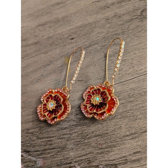 Betsey Johnson Jewelry - Betsey Johnson Gold Red Enamel Flower Drop Earrings Rhinestone Crystal Accents